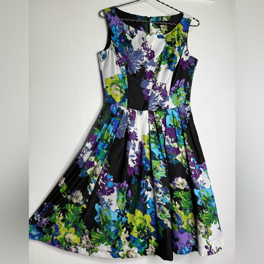 Ellen Tracy Black and Blue Floral Midi Dress
